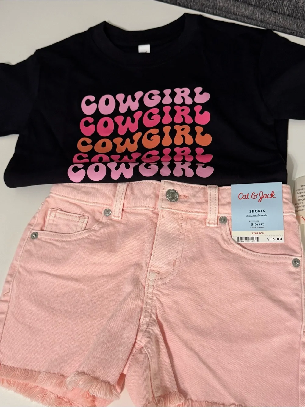 Cat & Jack Pink Denim Shorts with Black 'Cowgirl' Graphic Tee